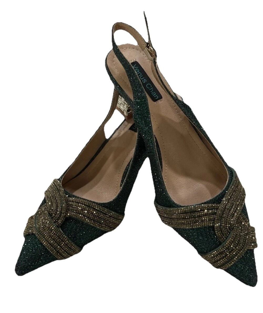 Venus Chan Green Rhinestone Sling Back Heels Womens 7.5 EU 38 Pointed Toe Party